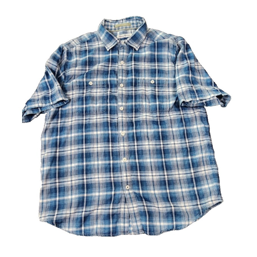 Tommy Bahama‎ Mens Blue White Plaid Short Sleeve Button Down Shirt Large